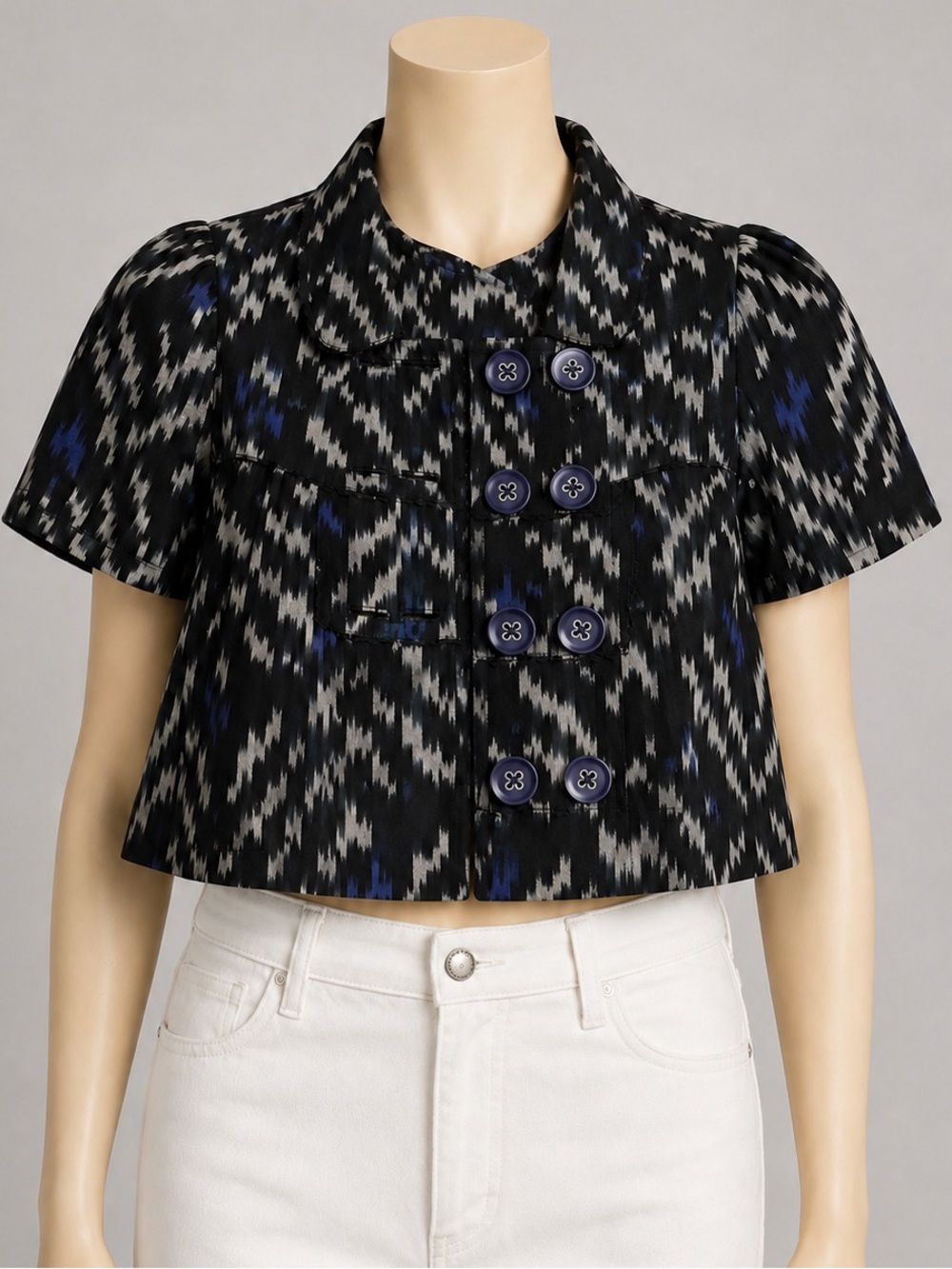 Anthropologie Taikonhu Cropped Short Sleeve Blazer Jacket Ikat Black Blue Sz 12